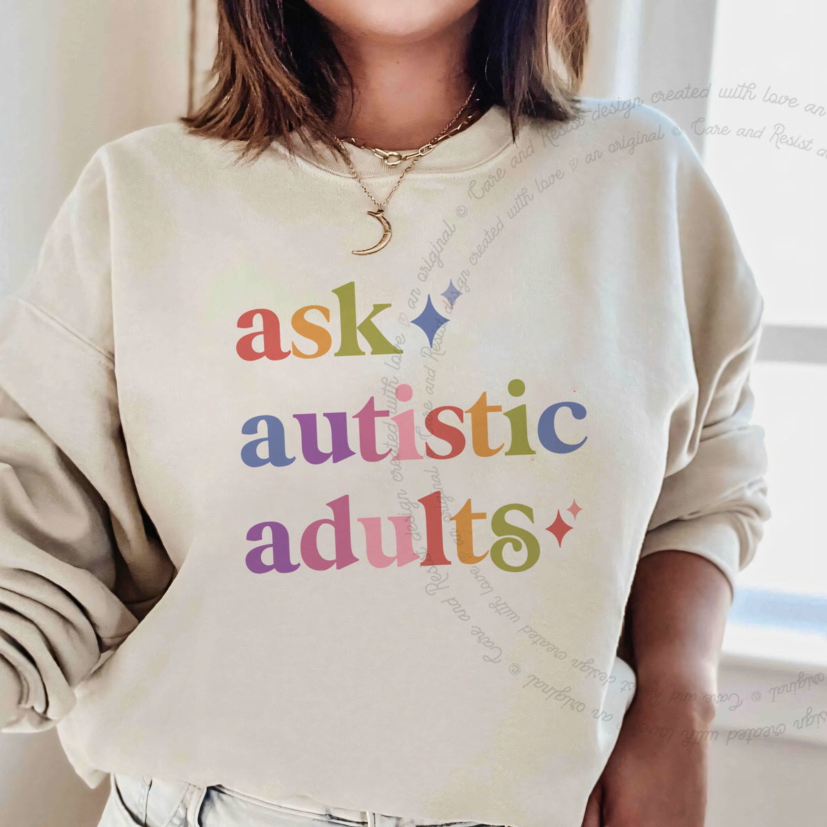 Ask Autistic Adults Care & Resist Gildan crewneck sweatshirt in Sand