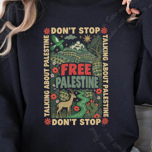 Don't Stop Talking About Palestine Gazelle Care & Resist Gildan crewneck sweatshirt in Black