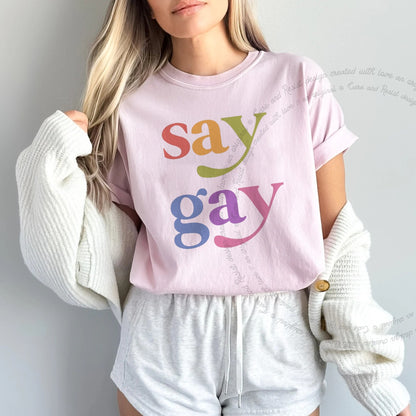 Say Gay Care & Resist rainbow Comfort Colors tee, Blossom