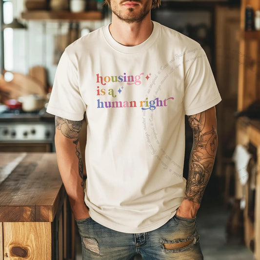 Housing is a Human Right Care & Resist rainbow Comfort Colors tee, Ivory