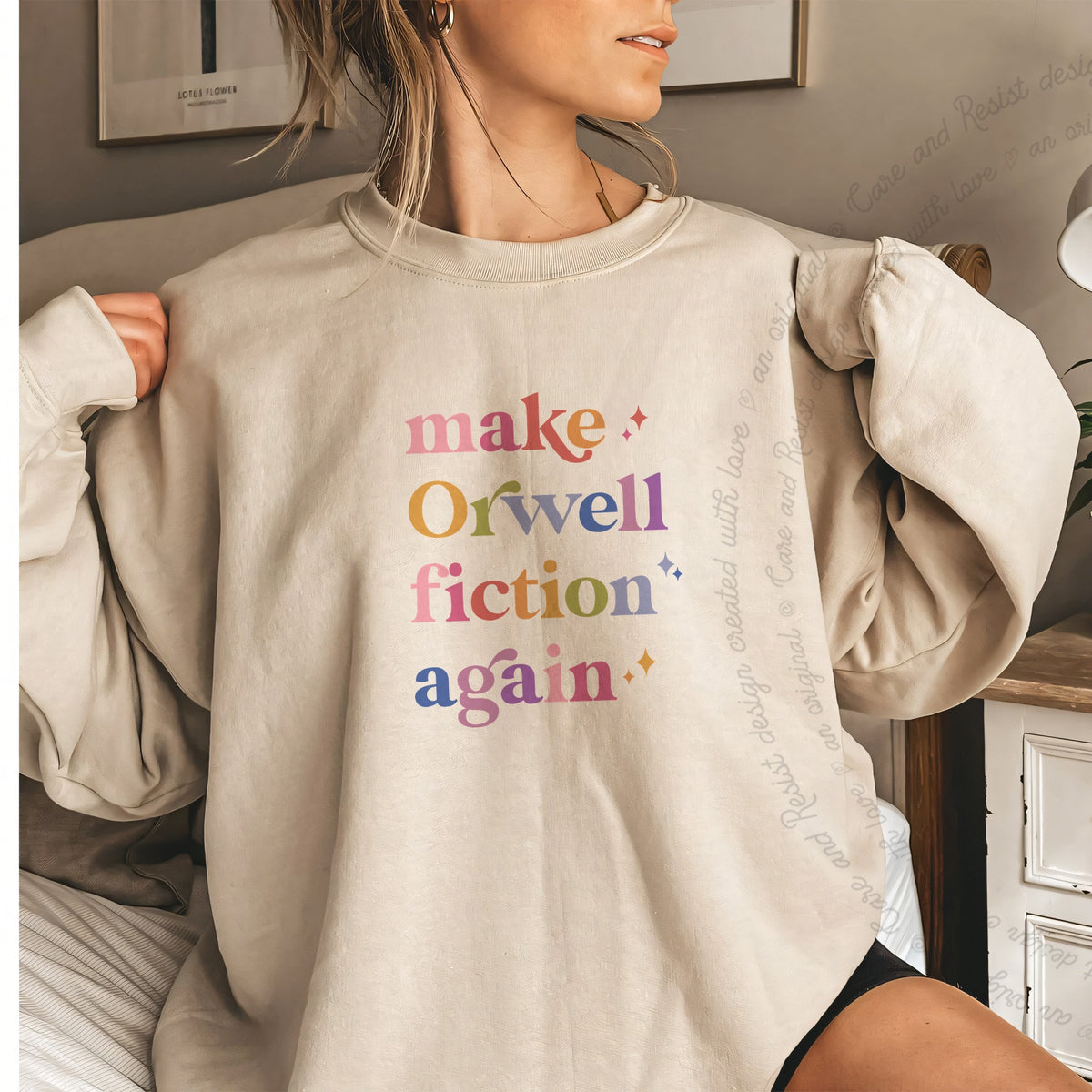 Make Orwell Fiction Again Care & Resist Gildan crewneck sweatshirt in Sand