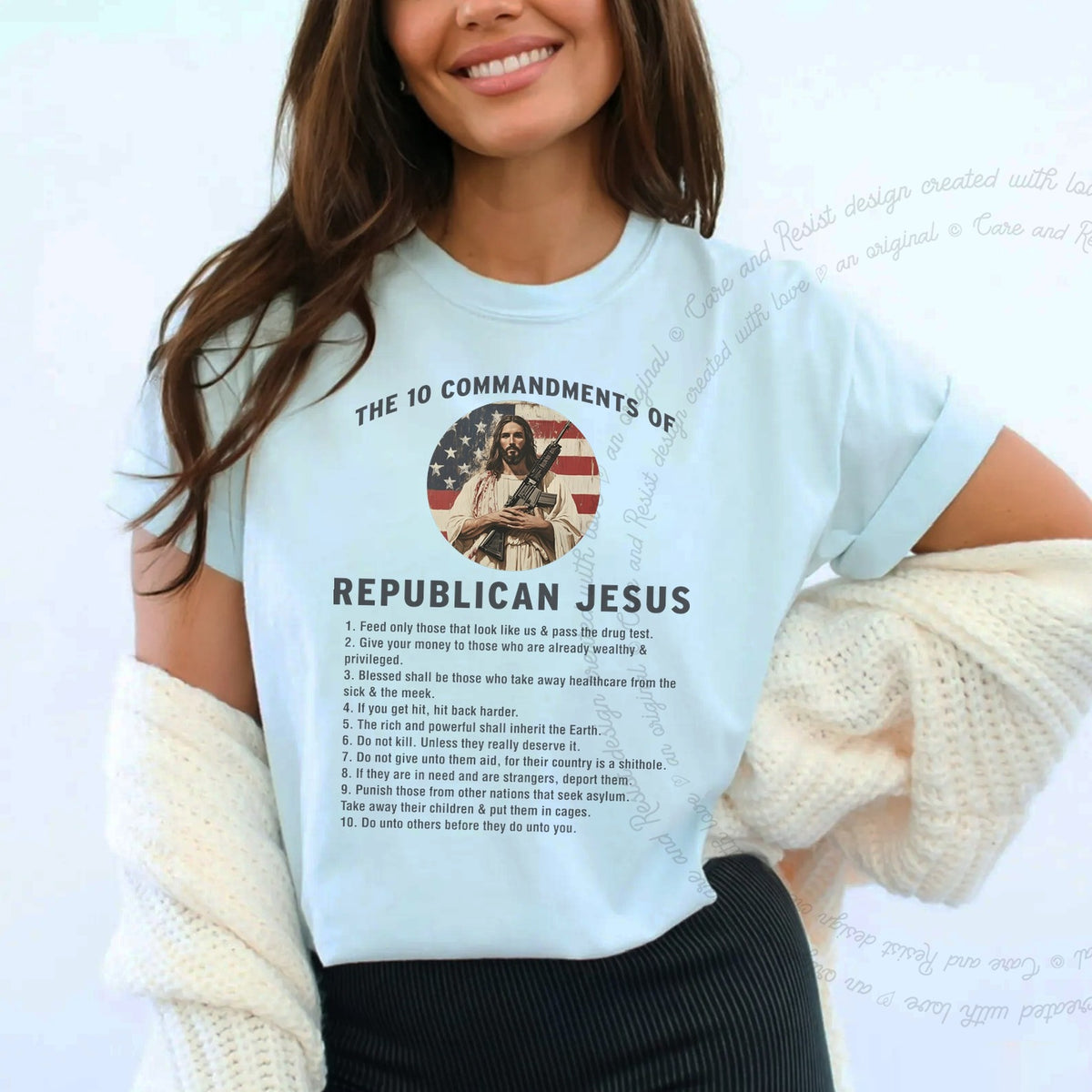 The 10 Commandments of Republican Jesus Care & Resist progressive t-shirt in Chambray