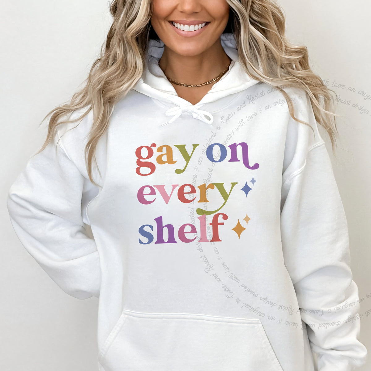 Gay on Every Shelf Care & Resist Gildan hoodie in White