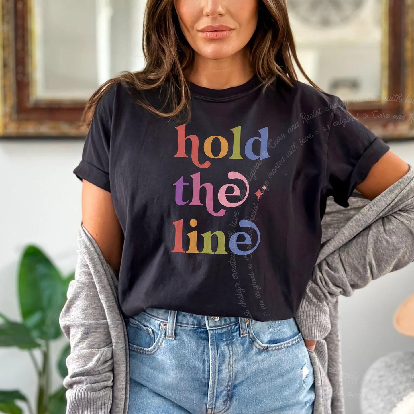 Hold the Line Care & Resist rainbow Comfort Colors tee, Black