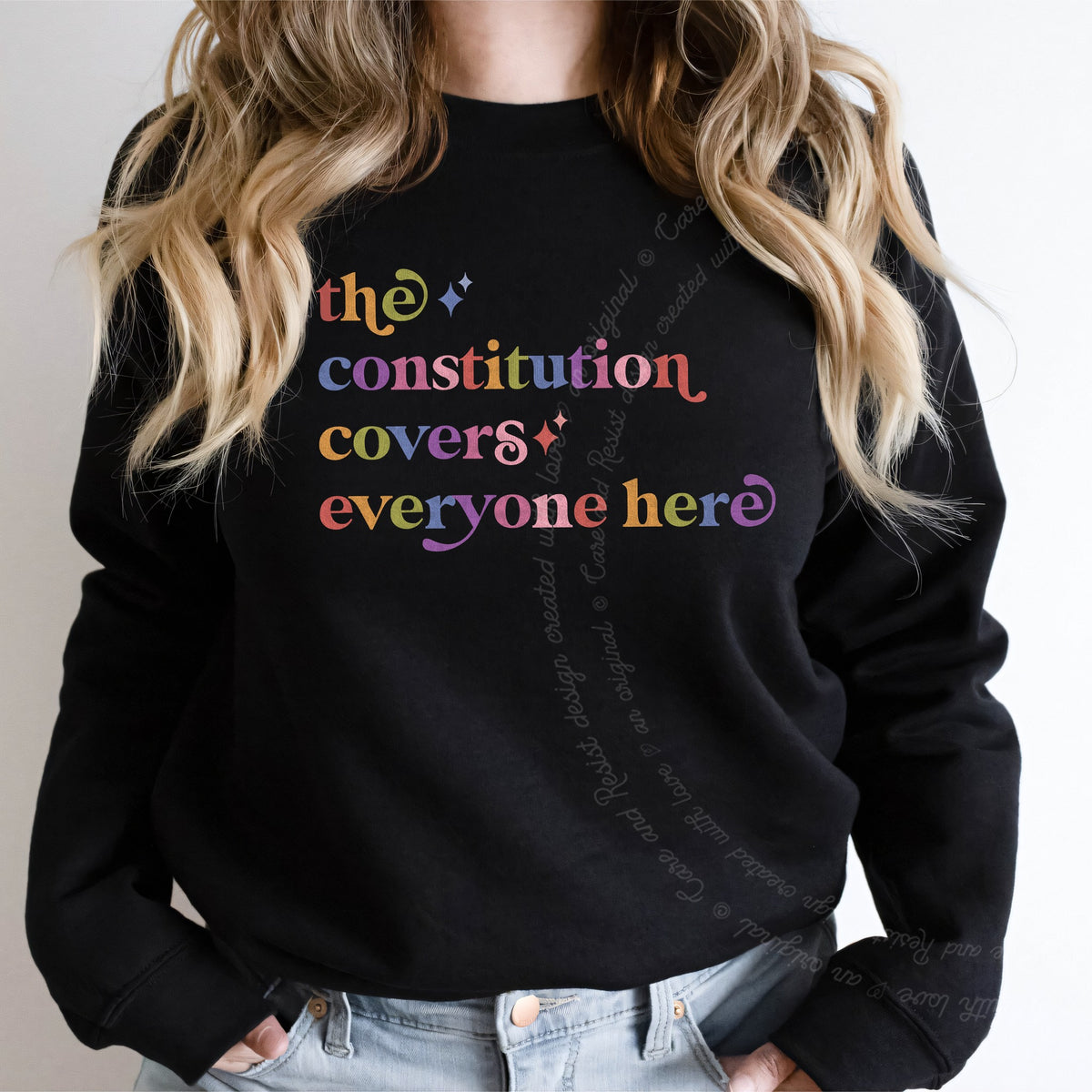 The Constitution Covers Everyone Here Care & Resist Gildan crewneck sweatshirt in Black