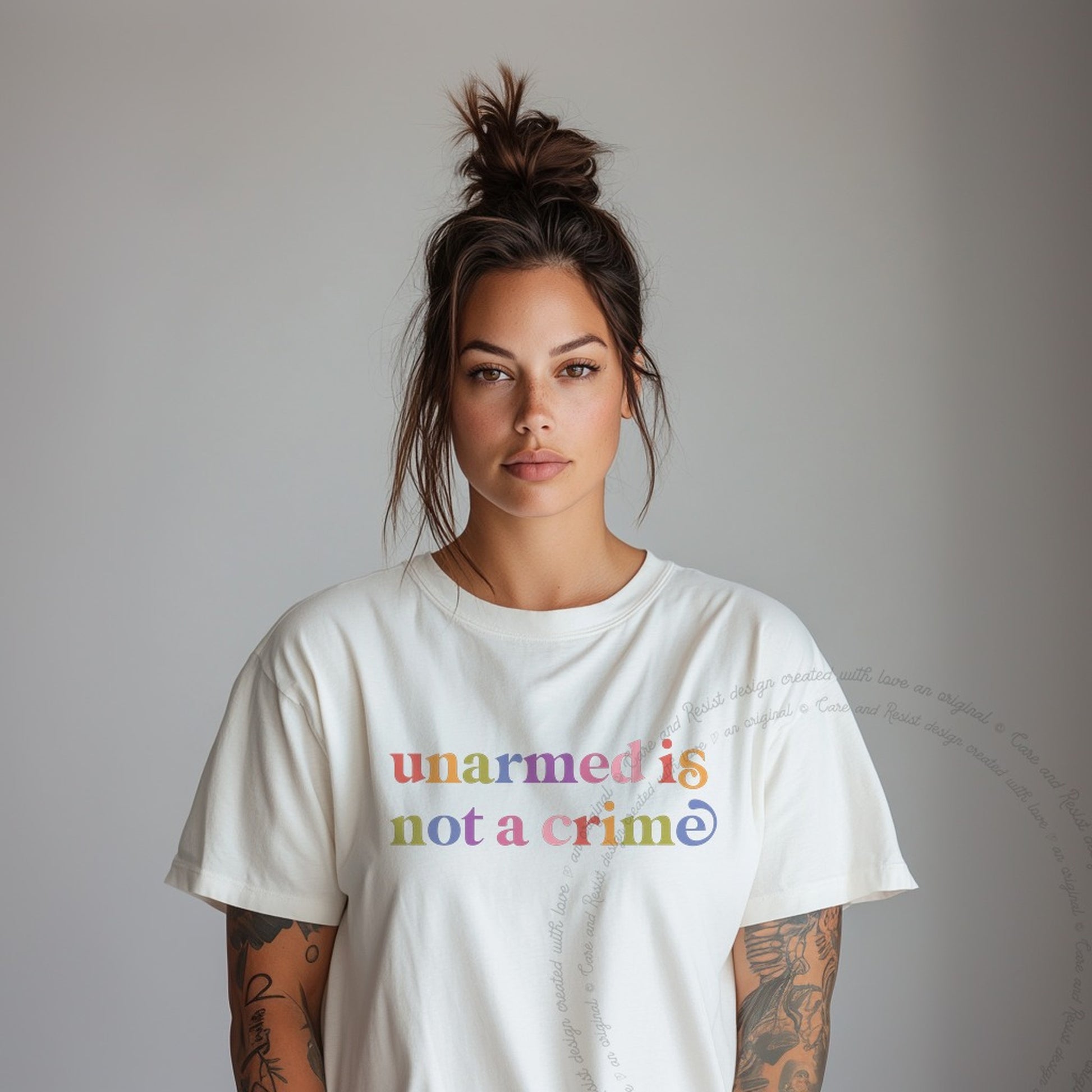 Unarmed is not a Crime Care & Resist rainbow Comfort Colors tee, Ivory
