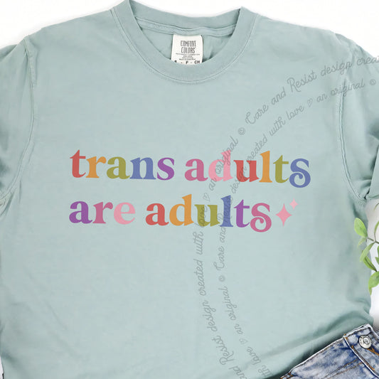 Trans Adults are Adults Care & Resist progressive t-shirt in Bay
