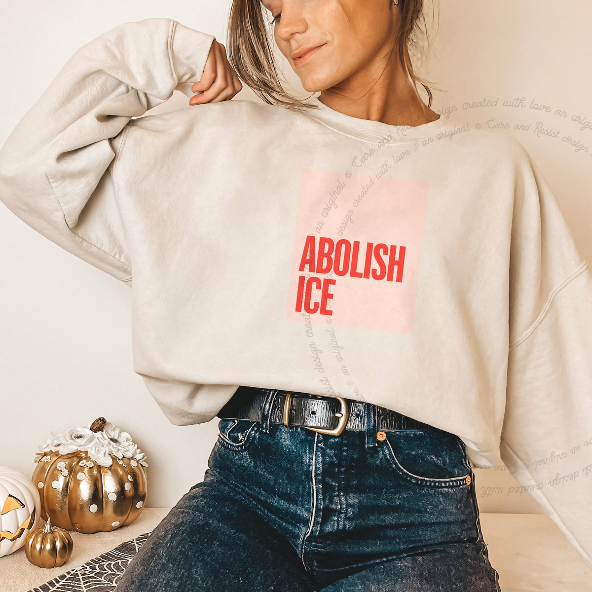 Abolish ICE Care & Resist Gildan crewneck sweatshirt in Sand