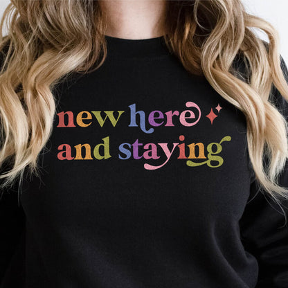 New Here and Staying Care & Resist Gildan crewneck sweatshirt in Black