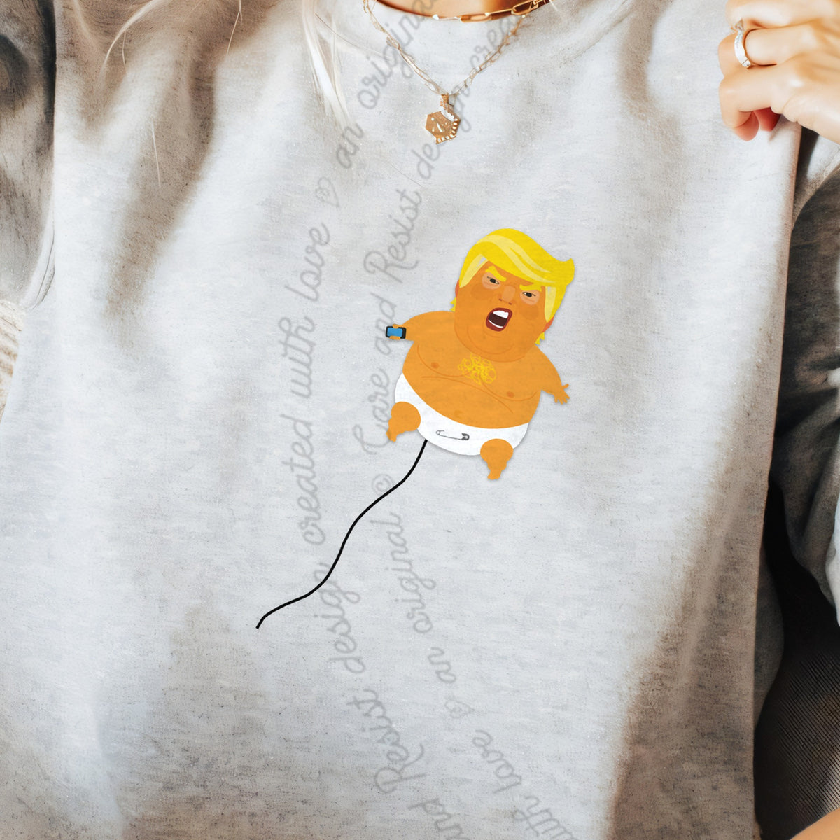 Trump Baby Blimp Care & Resist Gildan crewneck sweatshirt in Sport Grey