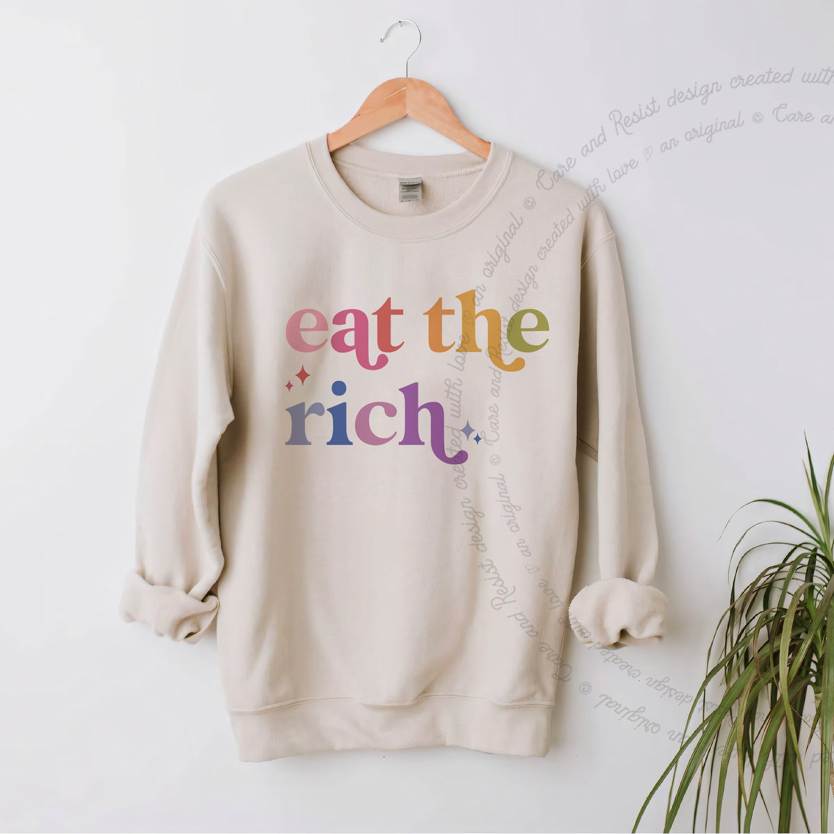 Eat the Rich Care & Resist Gildan crewneck sweatshirt in Sand