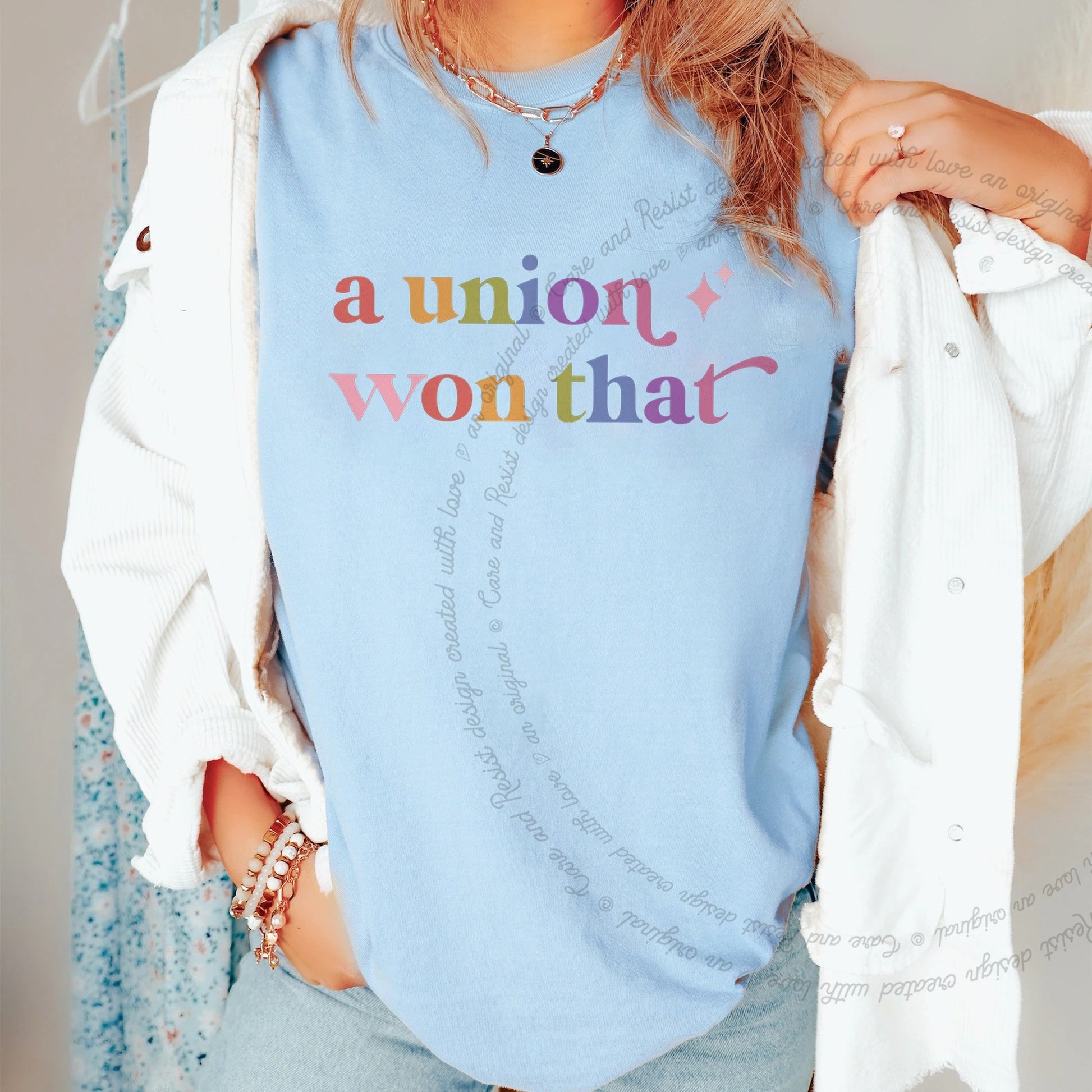 A Union Won That Care & Resist rainbow Comfort Colors tee, Chambray
