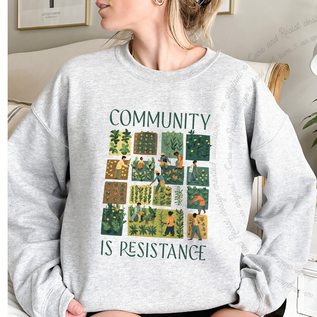 Community Is Resistance Garden Squares Care & Resist Gildan crewneck sweatshirt in Sport Grey