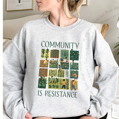 Community Is Resistance Garden Squares Care & Resist Gildan crewneck sweatshirt in Sport Grey