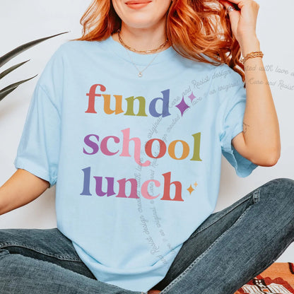Fund School Lunch Care & Resist rainbow Comfort Colors tee, Chambray