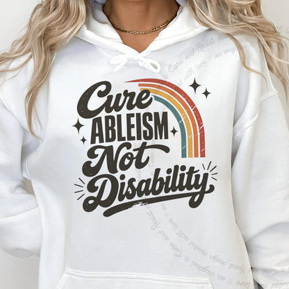 Cure Ableism not Disability Badge Care & Resist Gildan hoodie in White