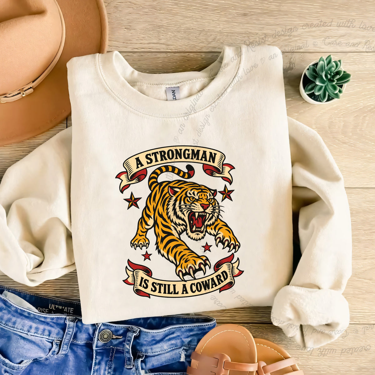 A Strongman is Still a Coward Tiger Care & Resist Gildan crewneck sweatshirt in Sand