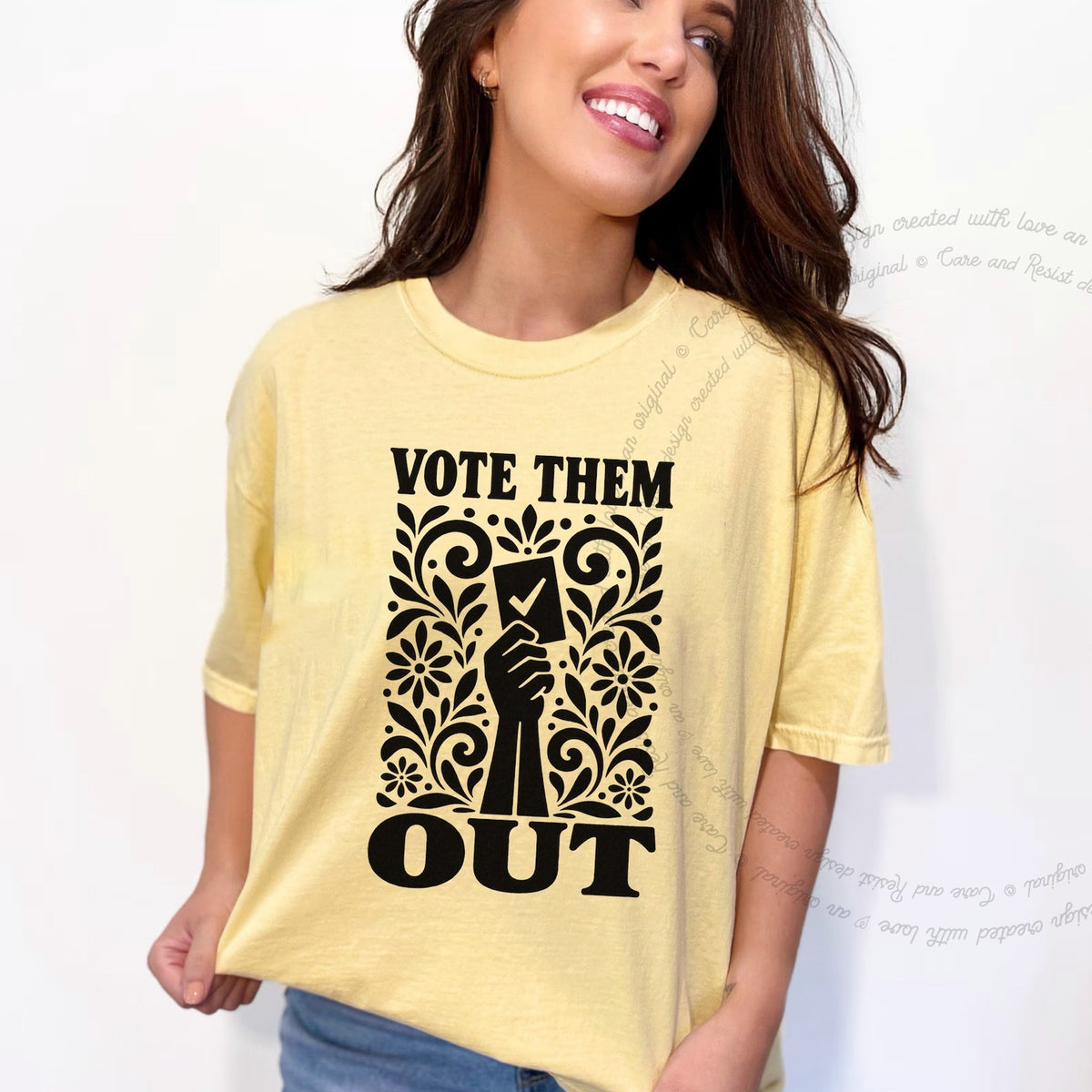 Vote Them Out Ballot Stencil Care & Resist progressive t-shirt in Banana