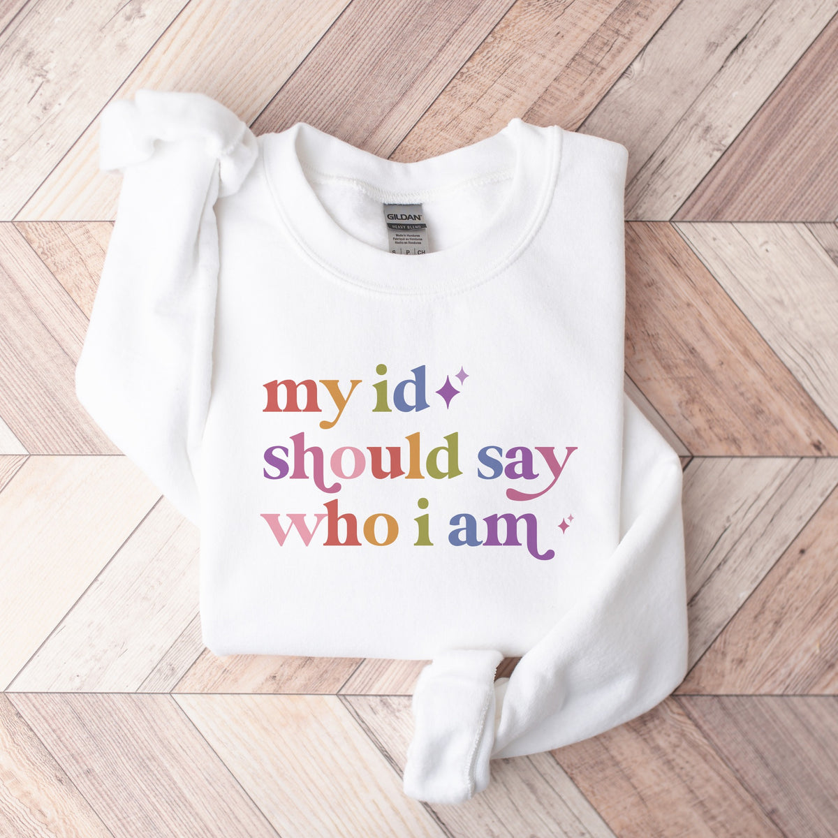 My Id Should Say Who I Am Care & Resist Gildan crewneck sweatshirt in White