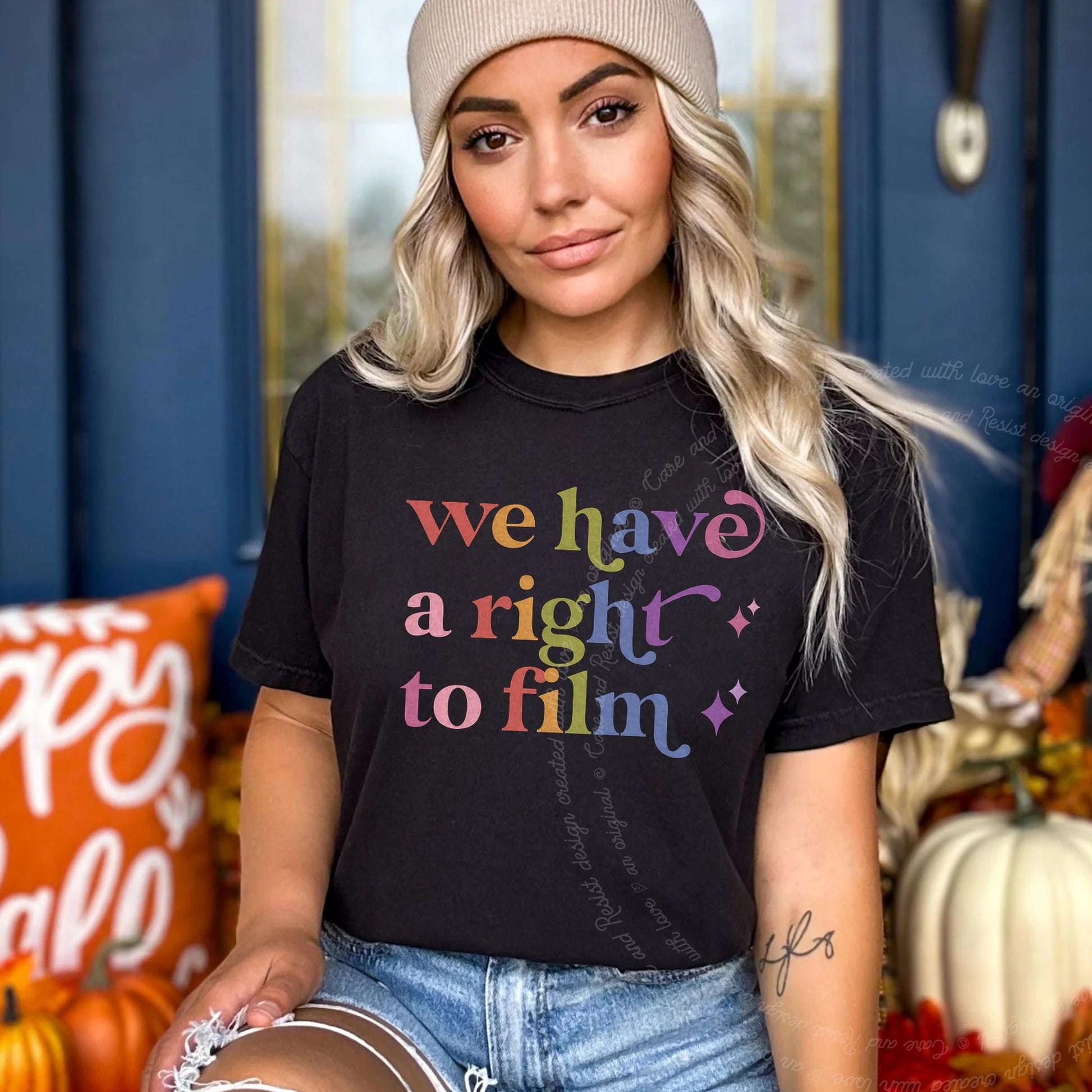 We Have a Right to Film Care & Resist rainbow Comfort Colors tee, Black