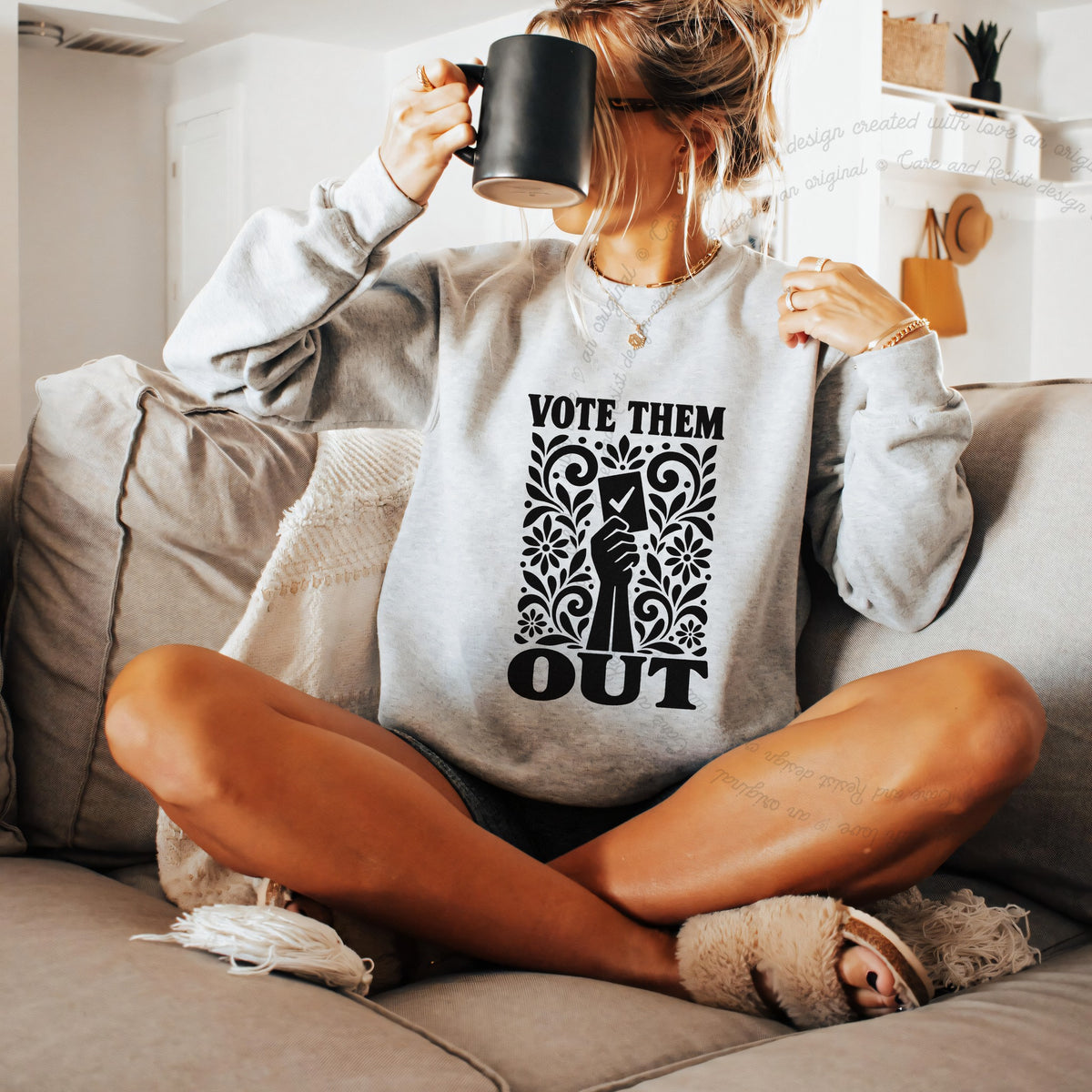 Vote Them Out Ballot Stencil Care & Resist Gildan crewneck sweatshirt in Sport Grey
