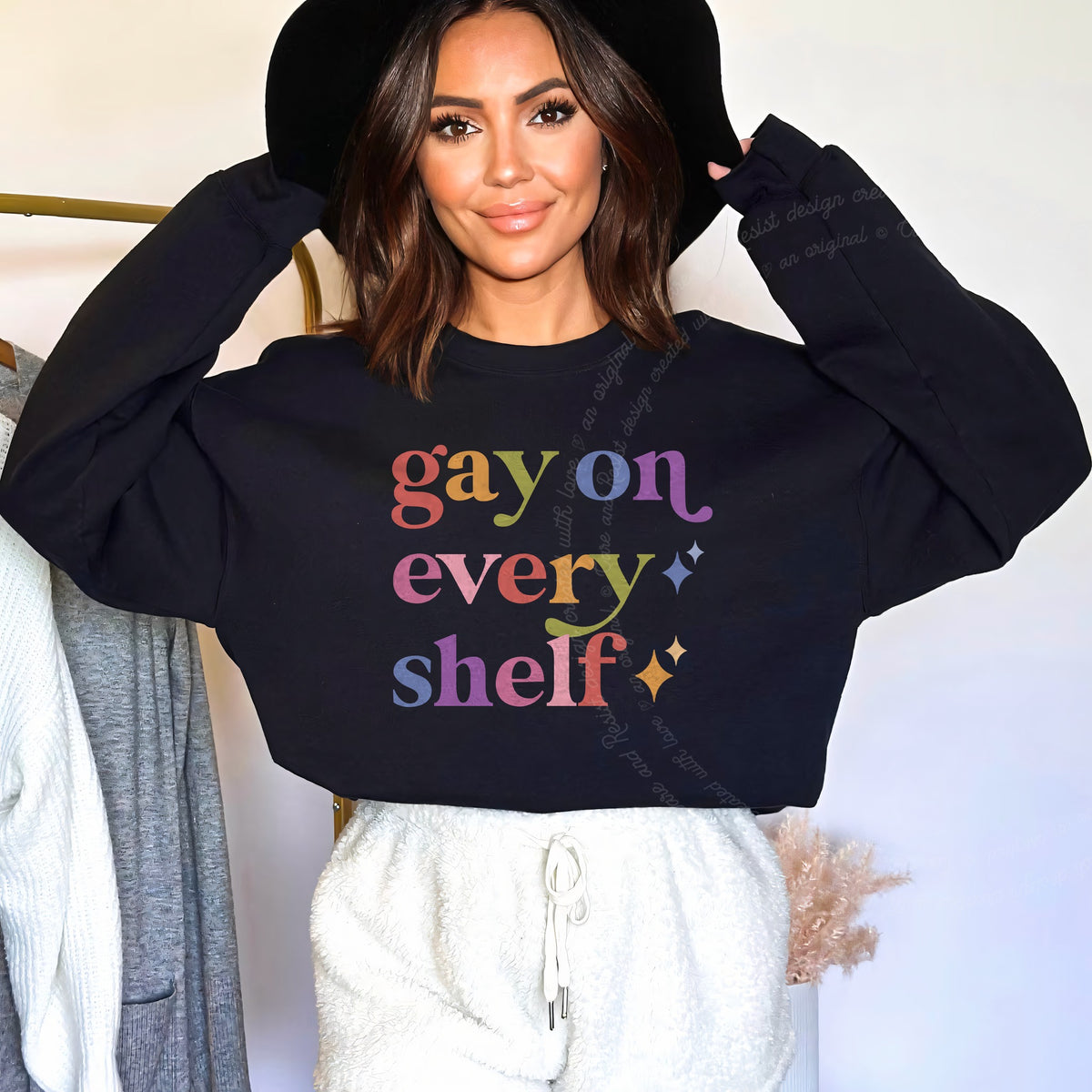Gay on Every Shelf Care & Resist Gildan crewneck sweatshirt in Black