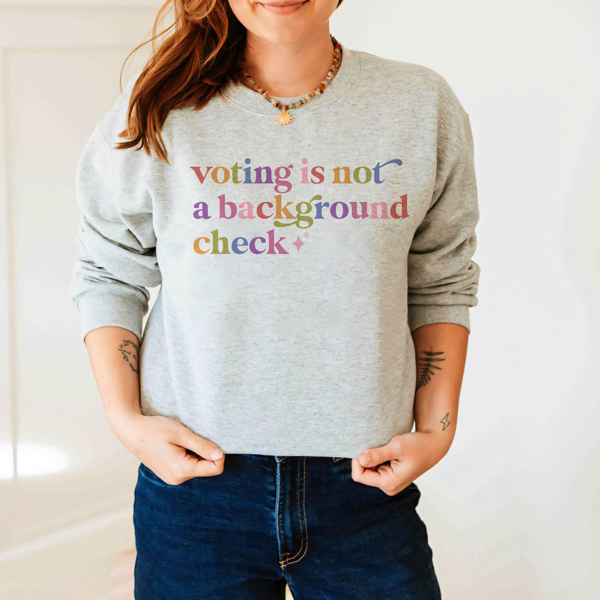Voting is not a Background Check Care & Resist Gildan crewneck sweatshirt in Sport Grey