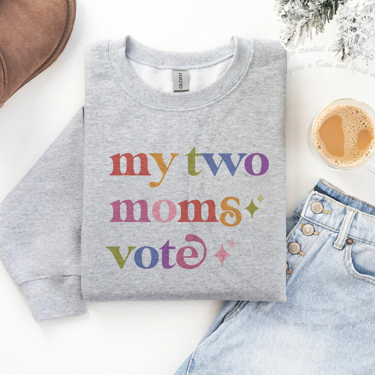 My Two Moms Vote Care & Resist Gildan crewneck sweatshirt in Sport Grey