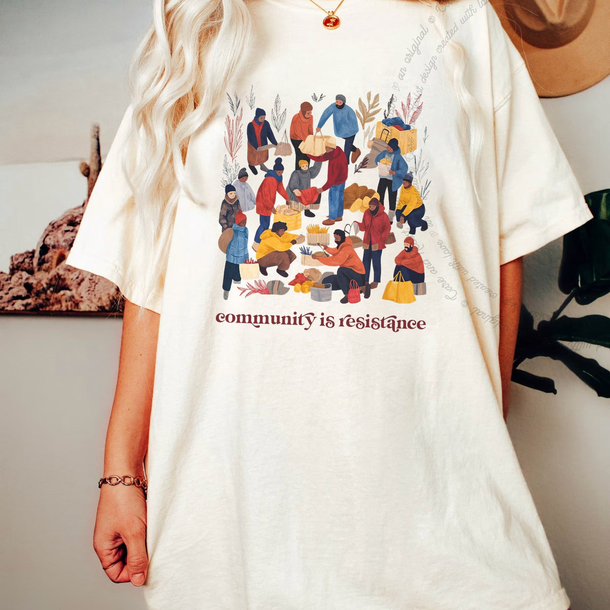 Community Is Resistance Harvest Care & Resist progressive t-shirt in Ivory