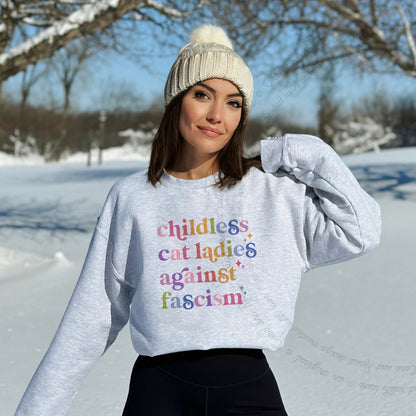 Childless Cat Ladies Against Fascism Care & Resist Gildan crewneck sweatshirt in Sport Grey