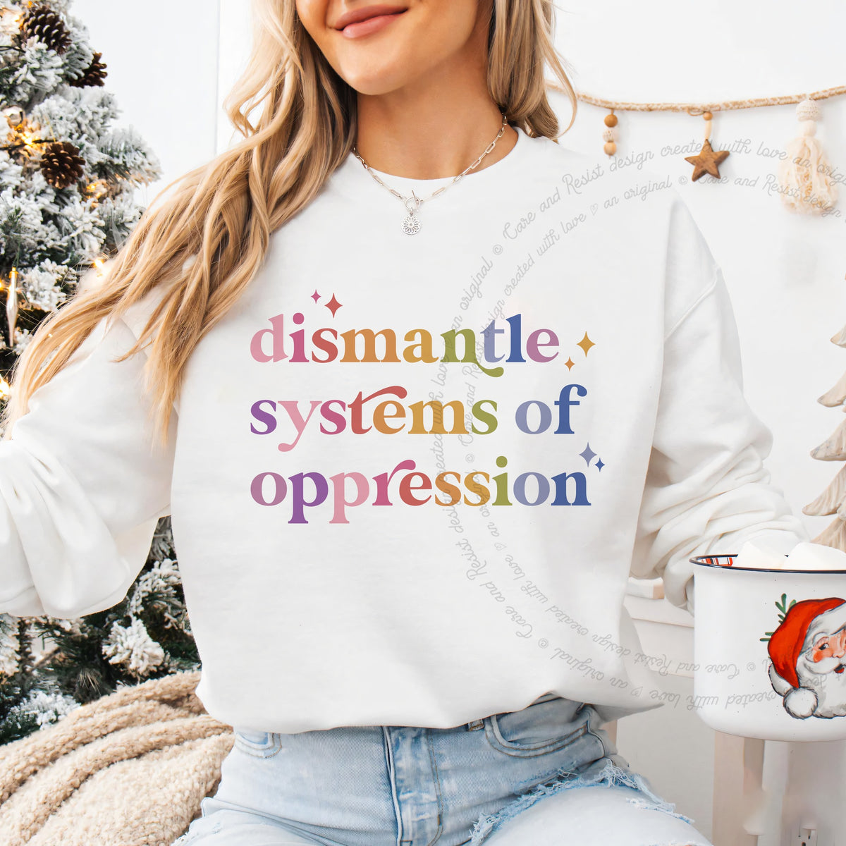 Dismantle Systems of Oppression Care & Resist Gildan crewneck sweatshirt in White
