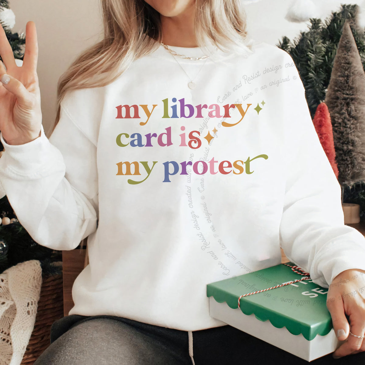 My Library Card is My Protest Care & Resist Gildan crewneck sweatshirt in White