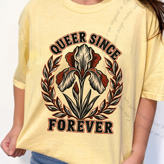 Queer Since Forever Iris Linocut Care & Resist progressive t-shirt in Banana