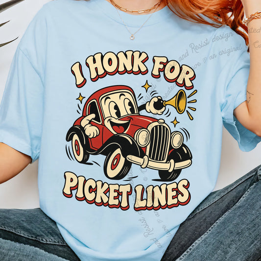 I Honk for Picket Lines Cartoon Care & Resist progressive t-shirt in Chambray