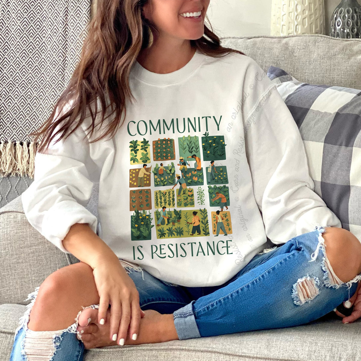 Community Is Resistance Garden Squares Care & Resist Gildan crewneck sweatshirt in White
