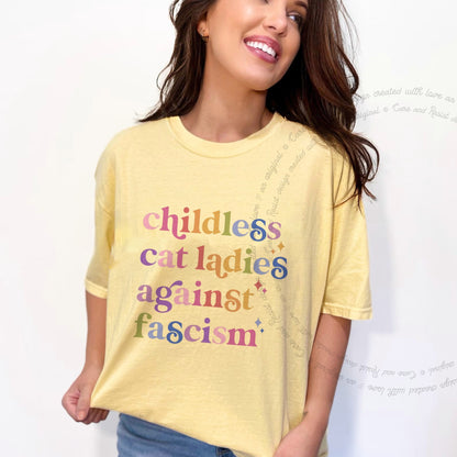 Childless Cat Ladies Against Fascism Care & Resist progressive t-shirt in Banana