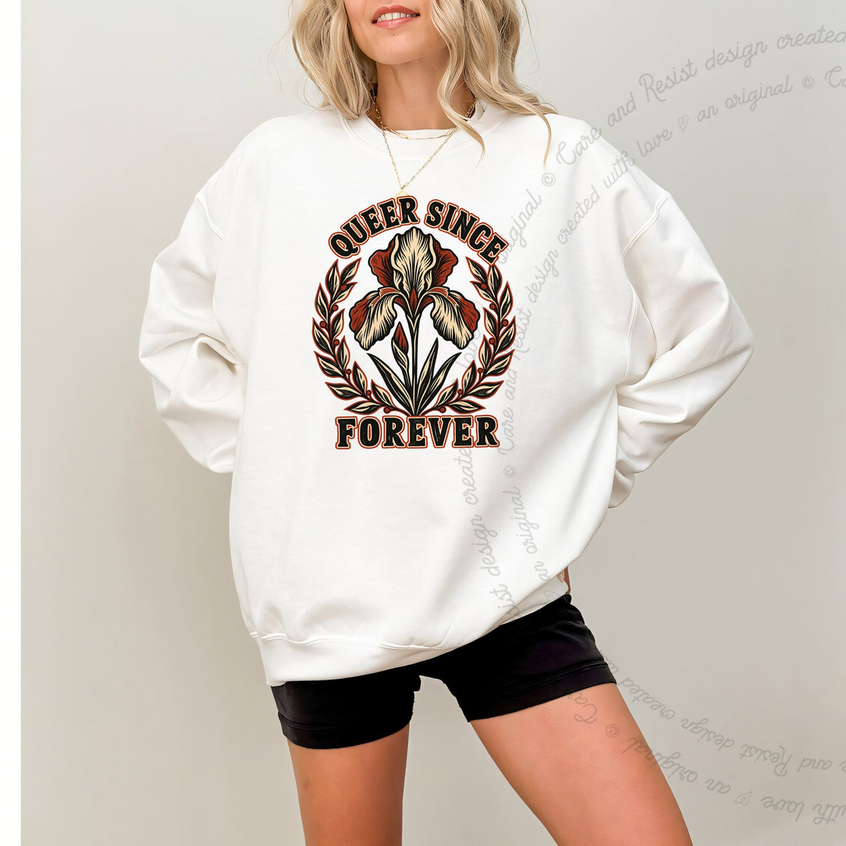 Queer Since Forever Iris Linocut Care & Resist Gildan crewneck sweatshirt in White
