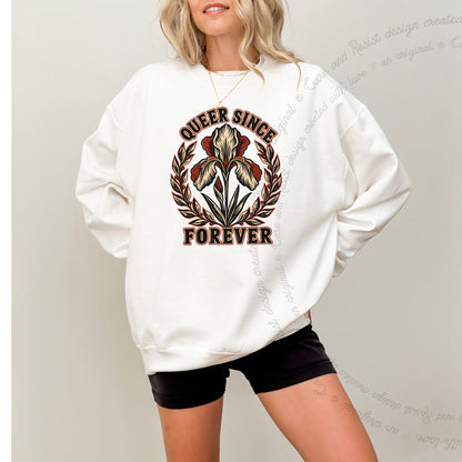 Queer Since Forever Iris Linocut Care & Resist Gildan crewneck sweatshirt in White