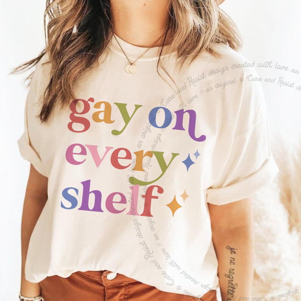 Gay on Every Shelf Care & Resist progressive t-shirt in Ivory