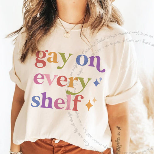Gay on Every Shelf Care & Resist progressive t-shirt in Ivory