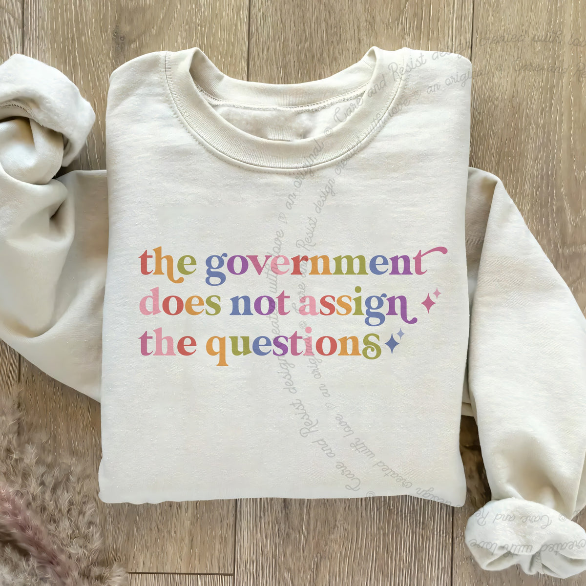 The Government Does not Assign the Questions Care & Resist Gildan crewneck sweatshirt in Sand