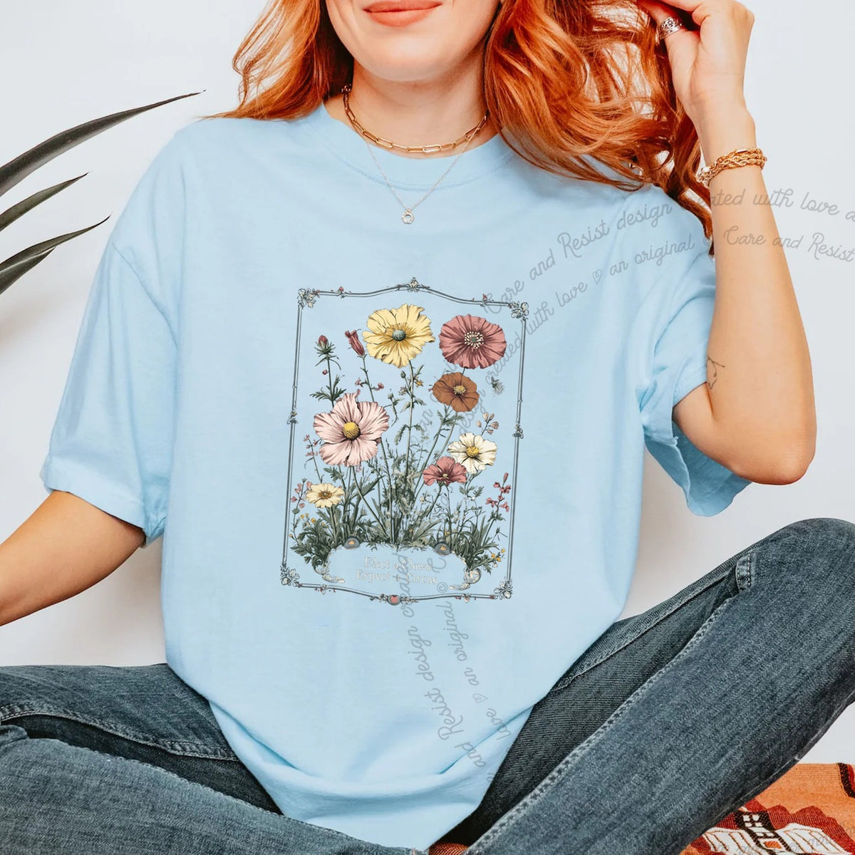 Elect a Clown Expect a Circus Floral Care & Resist progressive t-shirt in Chambray
