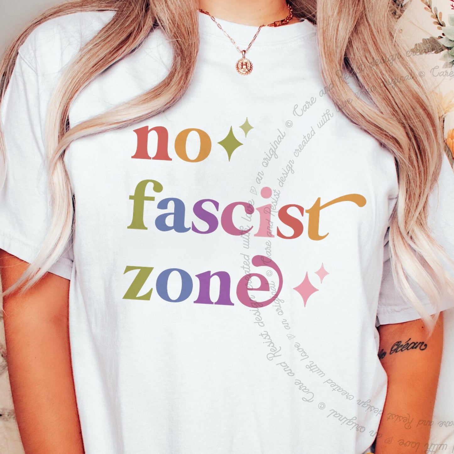 No Fascist Zone Care & Resist rainbow Comfort Colors tee, White
