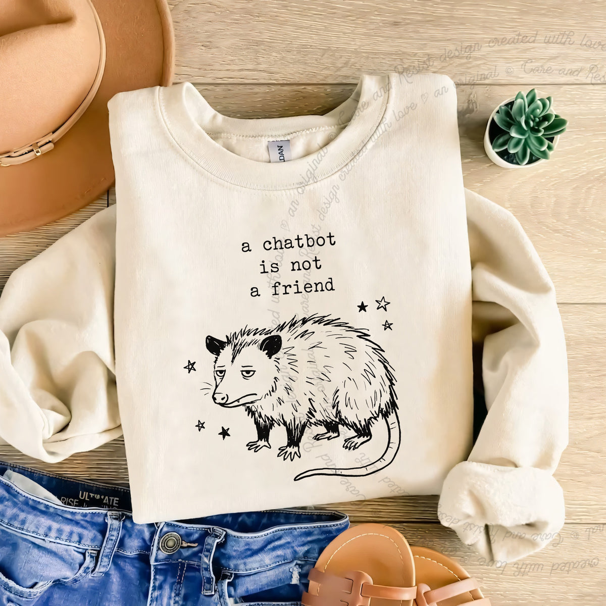 A Chatbot is not a Friend Possum Care & Resist Gildan crewneck sweatshirt in Sand