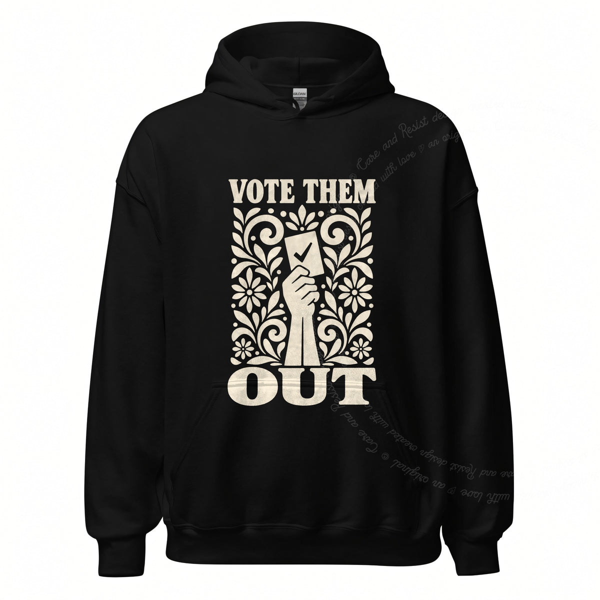 Vote Them Out Ballot Linocut Care & Resist Gildan hoodie in Black