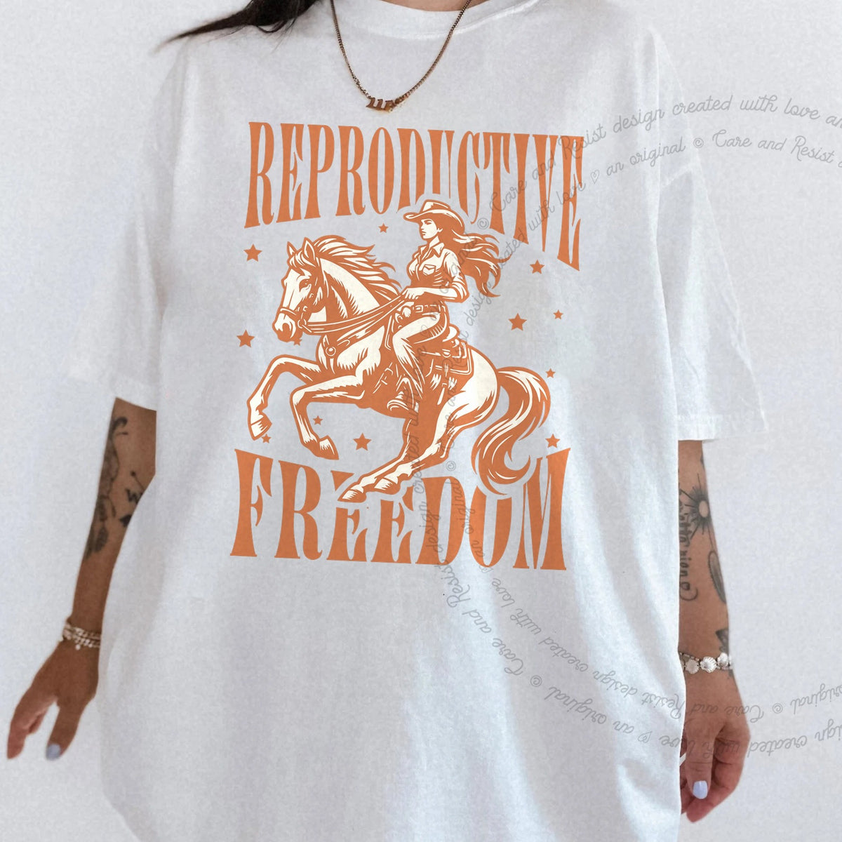 Reproductive Freedom Care & Resist progressive t-shirt in White