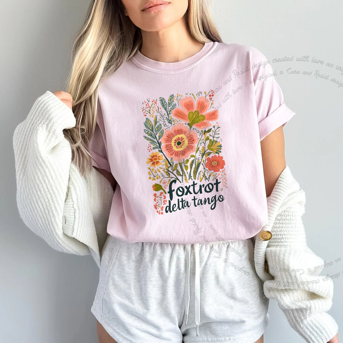 Foxtrot Delta Tango Care & Resist progressive t-shirt in Blossom