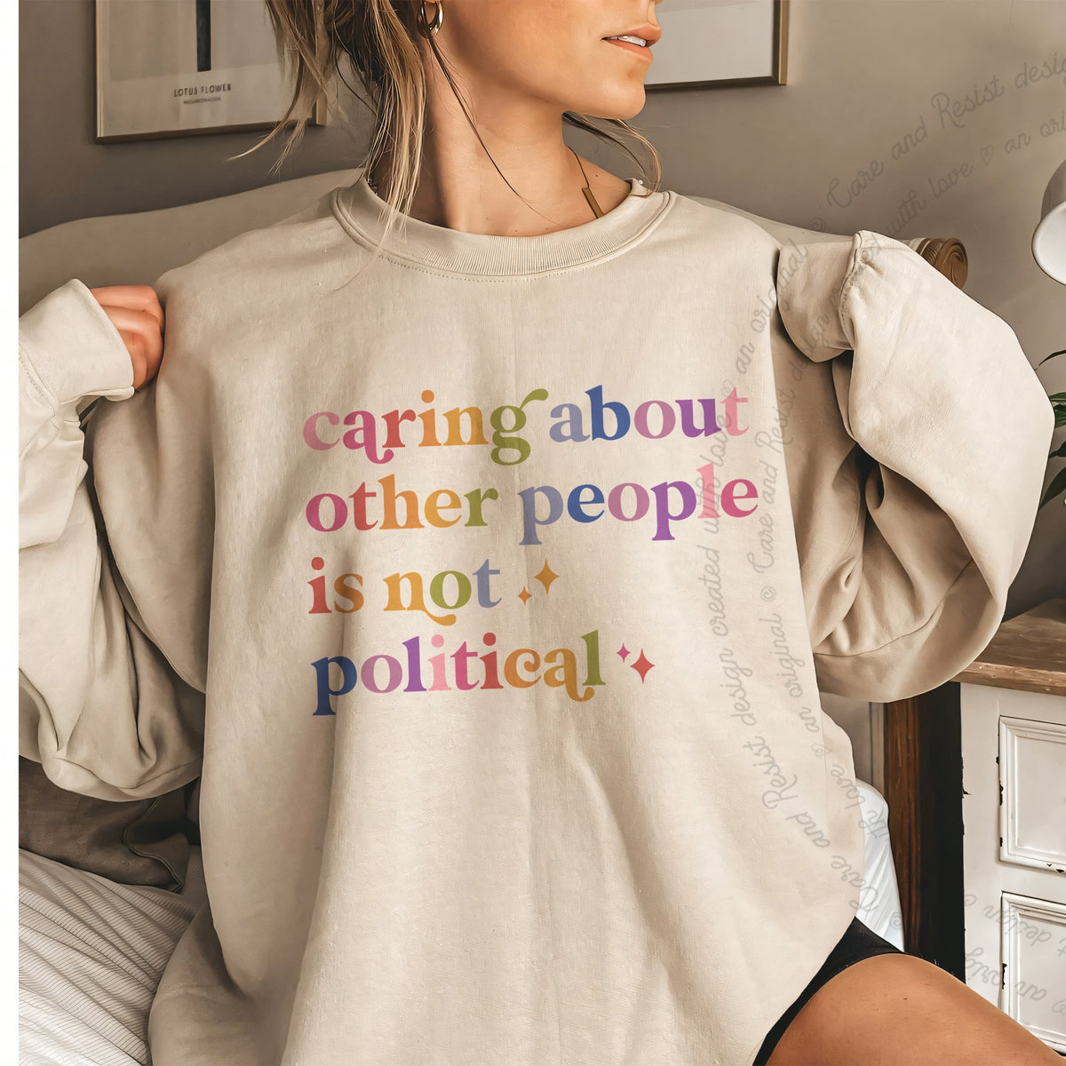 Caring About Other People Is Not Political Care & Resist Gildan crewneck sweatshirt in Sand