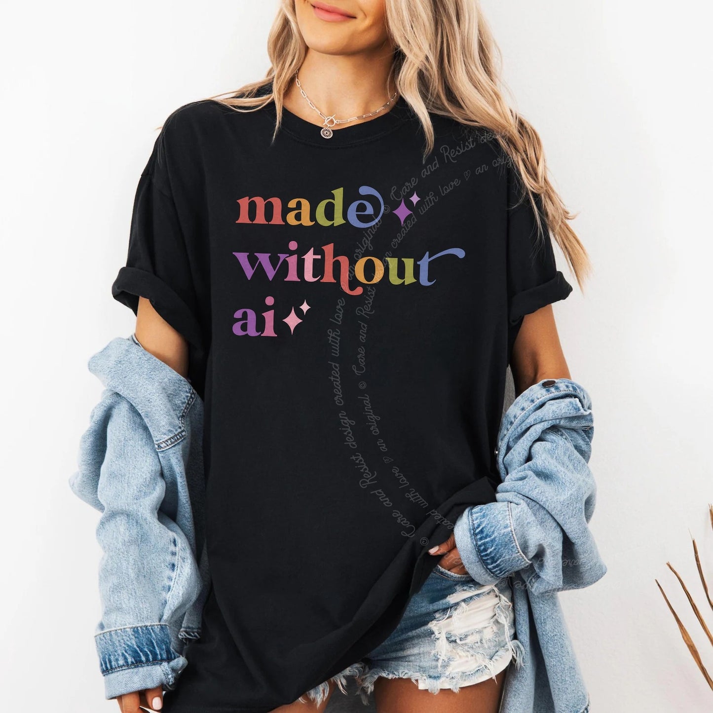 Made Without Ai Care & Resist rainbow Comfort Colors tee, Black
