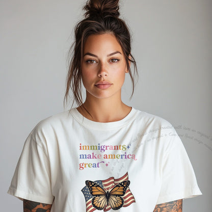 Immigrants Make America Great Care & Resist rainbow Comfort Colors tee, White